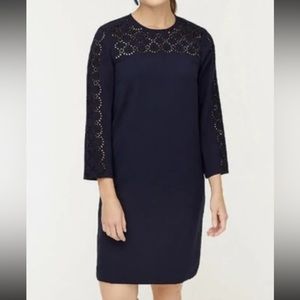 J. Crew Laser Cut Eyelet Dress Shift Navy Blue 365 Crepe Size 4